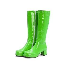 PU patent leather square heel mid calf boots candy color platform boots for party