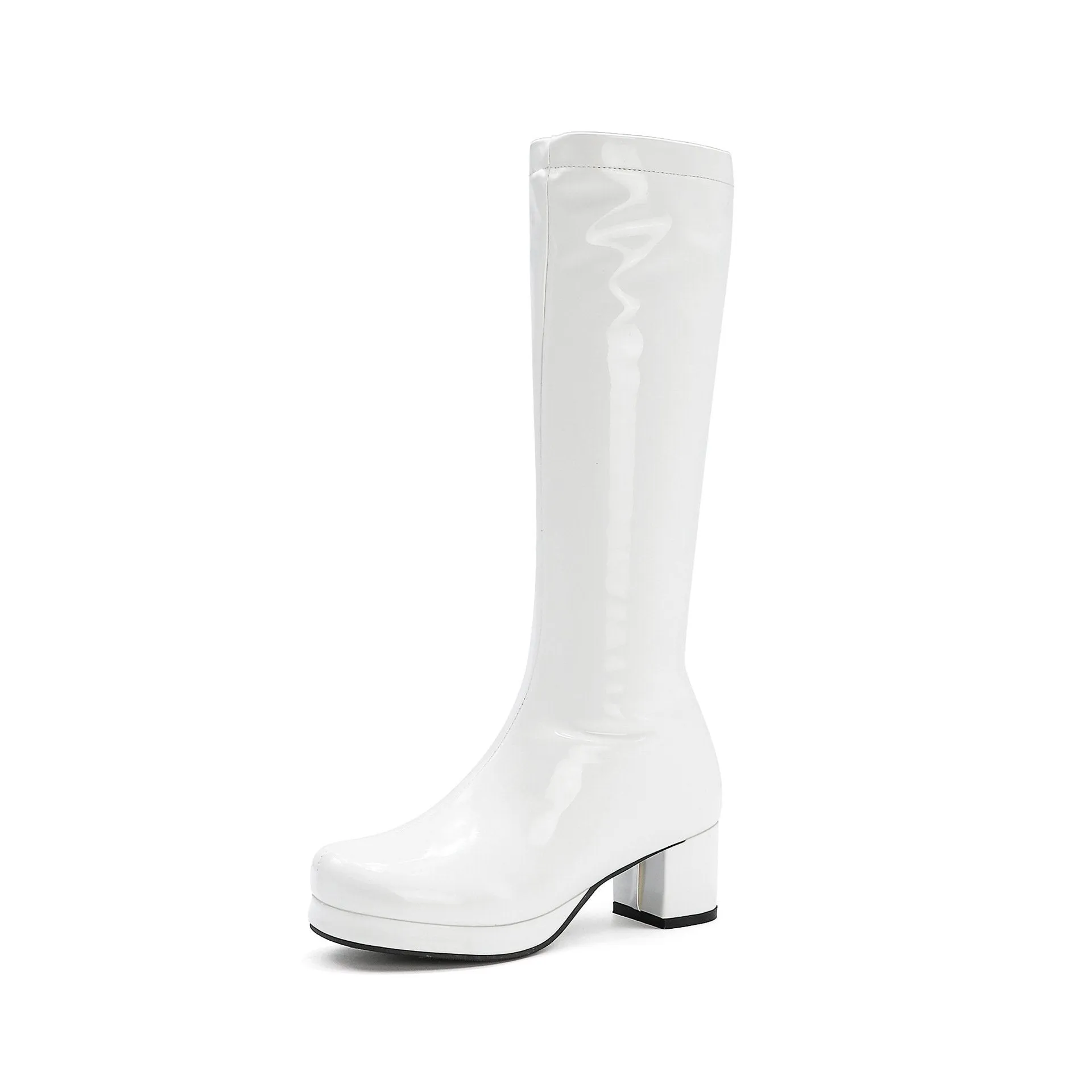 PU patent leather square heel mid calf boots candy color platform boots for party