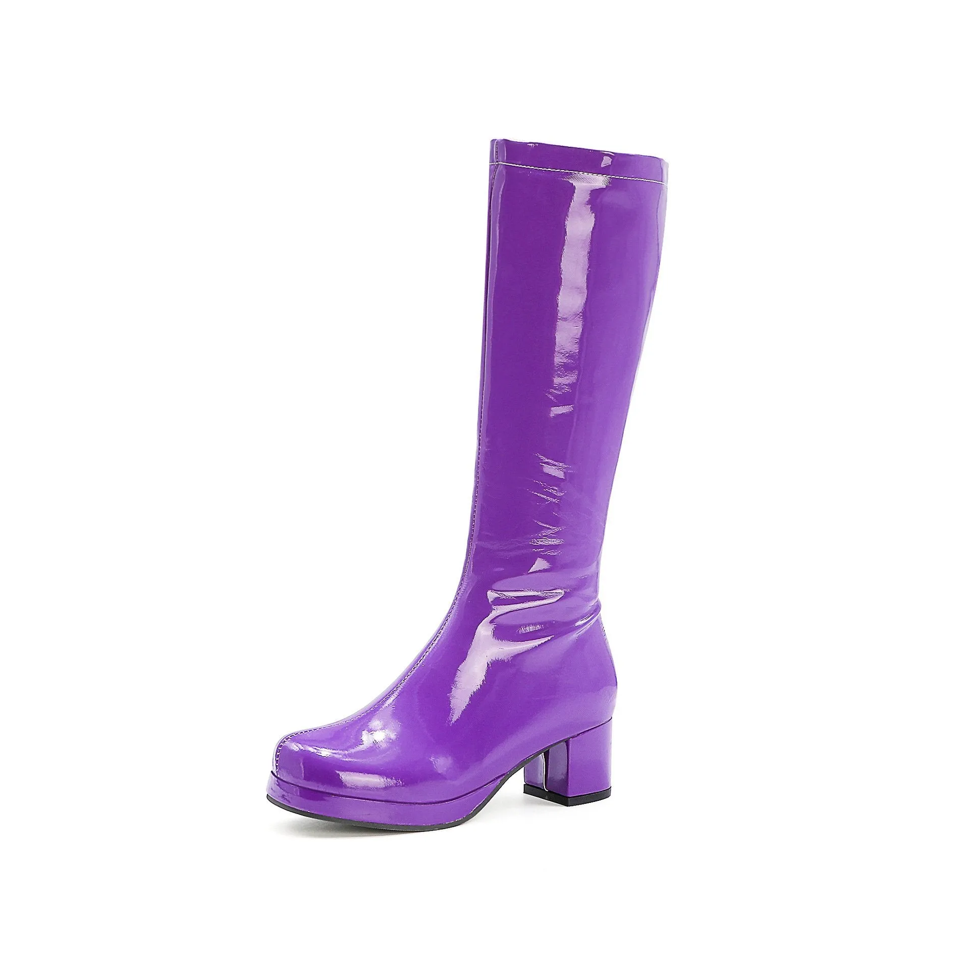 PU patent leather square heel mid calf boots candy color platform boots for party