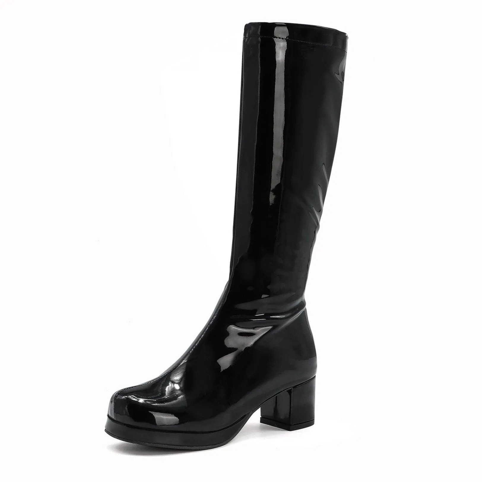 PU patent leather square heel mid calf boots candy color platform boots for party