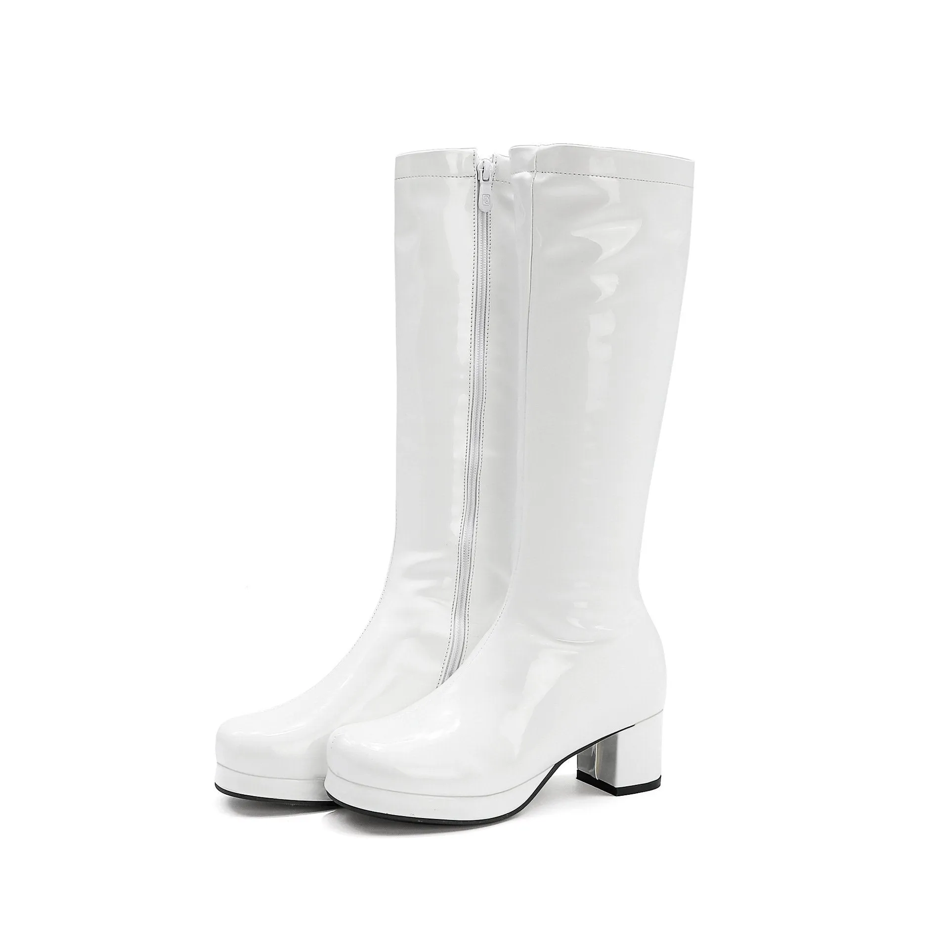 PU patent leather square heel mid calf boots candy color platform boots for party