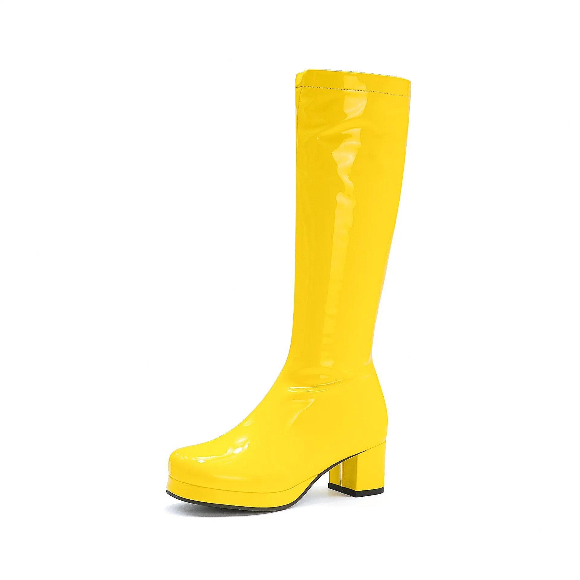 PU patent leather square heel mid calf boots candy color platform boots for party
