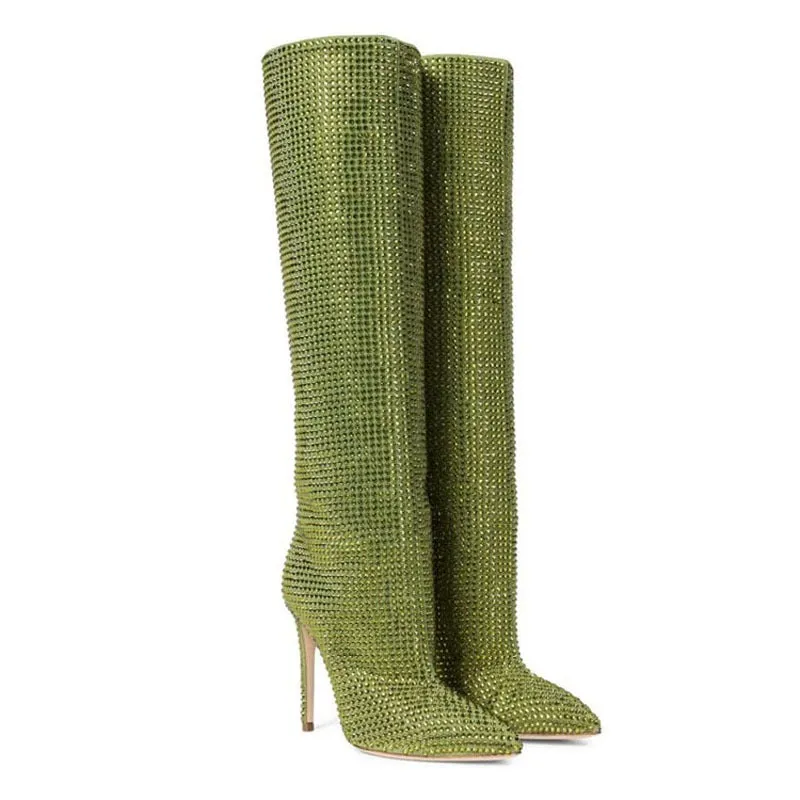 Rhinestone shining stiletto knee high boots glitter fashion show party boots