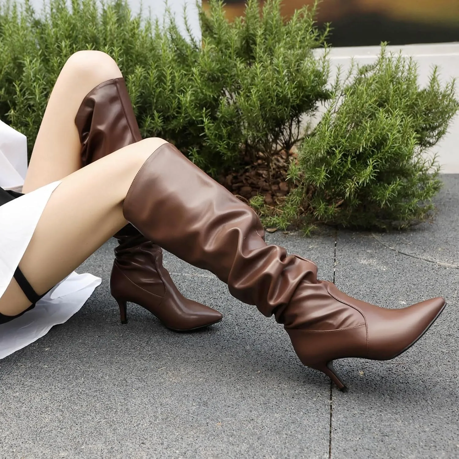 Roimaash Elegant Dressy Slouch Boots Kitten Heels Pull on Thigh High and Knee High Boots