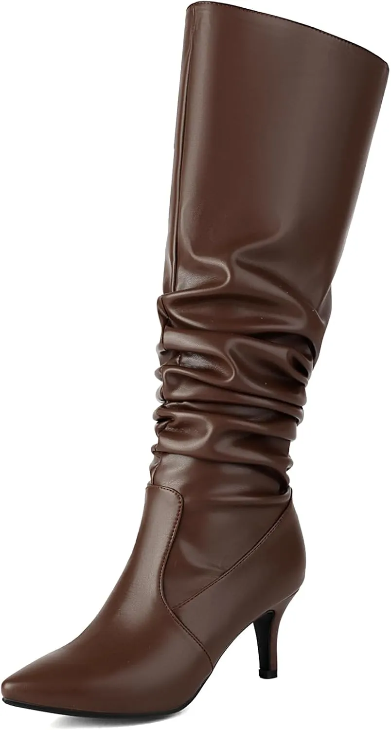 Roimaash Elegant Dressy Slouch Boots Kitten Heels Pull on Thigh High and Knee High Boots