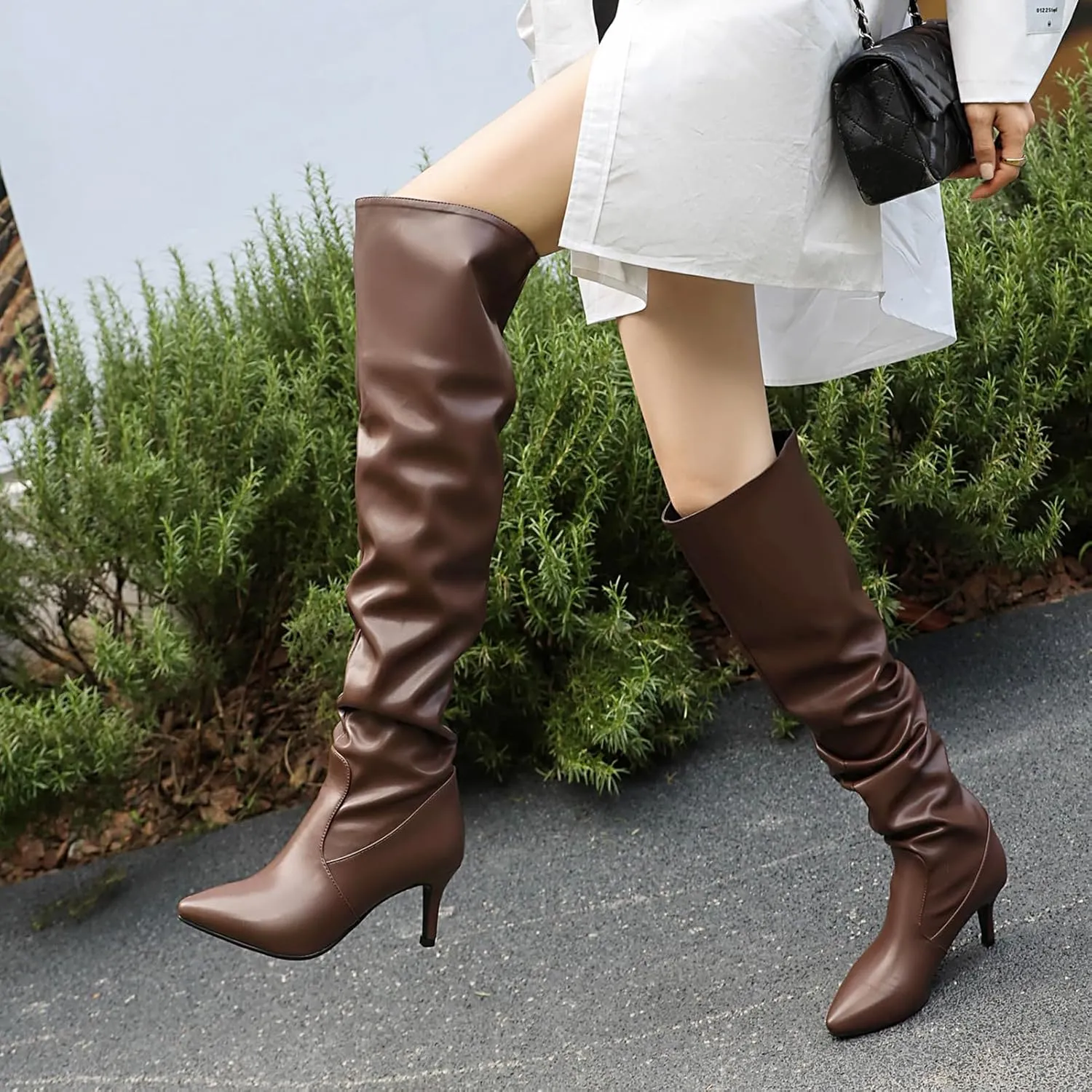 Roimaash Elegant Dressy Slouch Boots Kitten Heels Pull on Thigh High and Knee High Boots