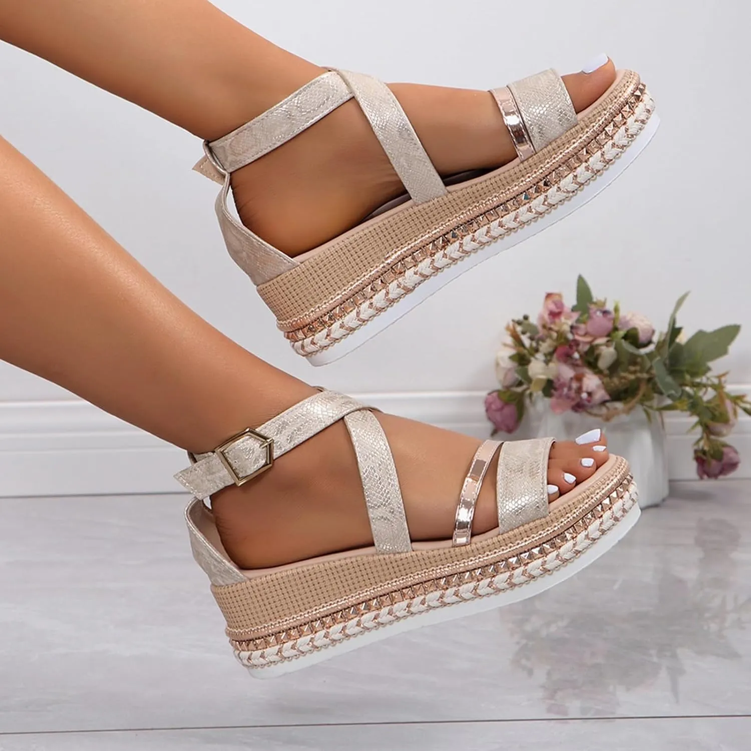 SACFOF Women's Platform Espadrilles Casual Ankle Strap Wedge Sandals Comfortable Dressy Open Toe Buckle Summer Shoes