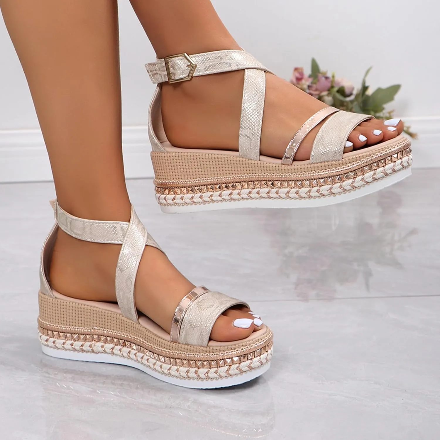 SACFOF Women's Platform Espadrilles Casual Ankle Strap Wedge Sandals Comfortable Dressy Open Toe Buckle Summer Shoes