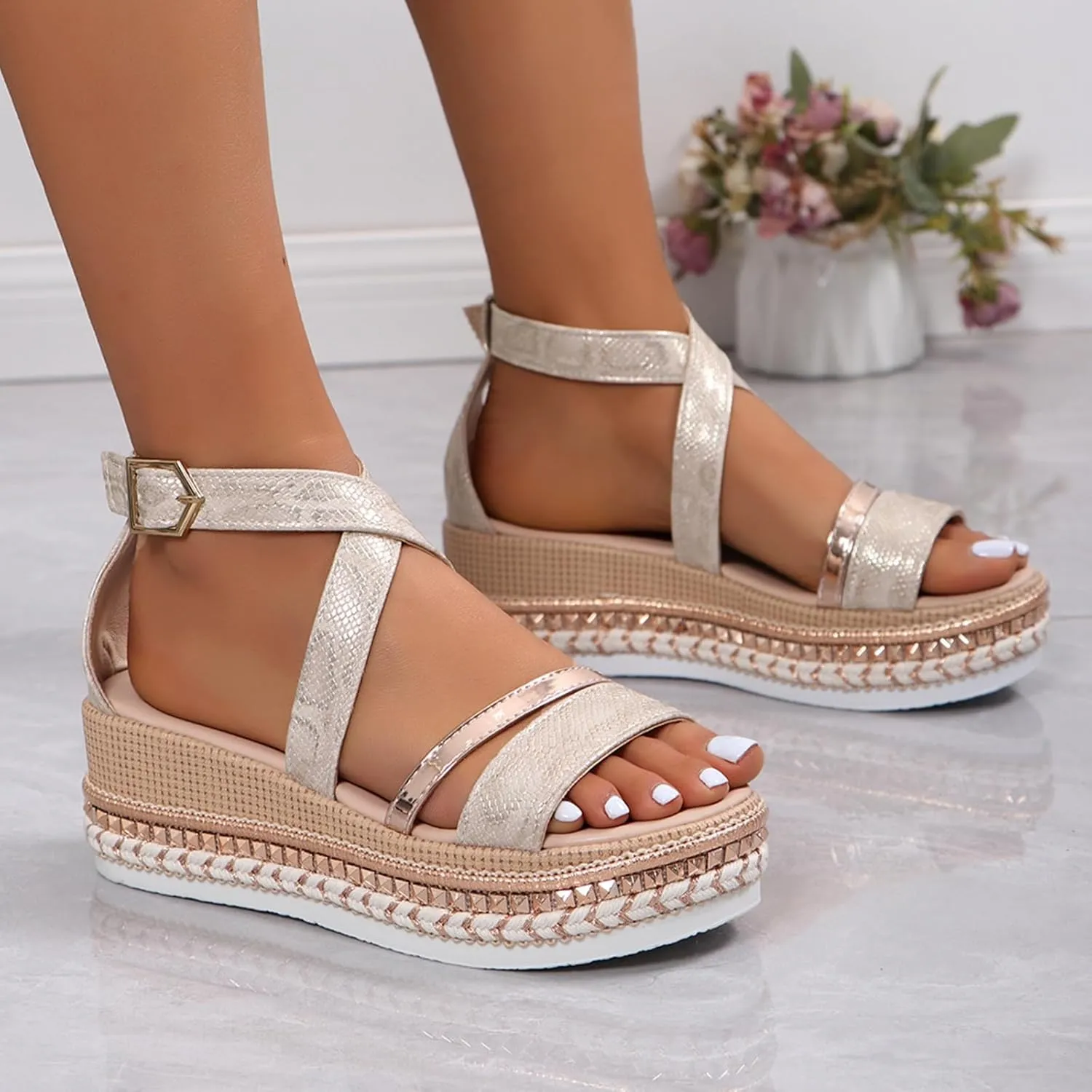 SACFOF Women's Platform Espadrilles Casual Ankle Strap Wedge Sandals Comfortable Dressy Open Toe Buckle Summer Shoes