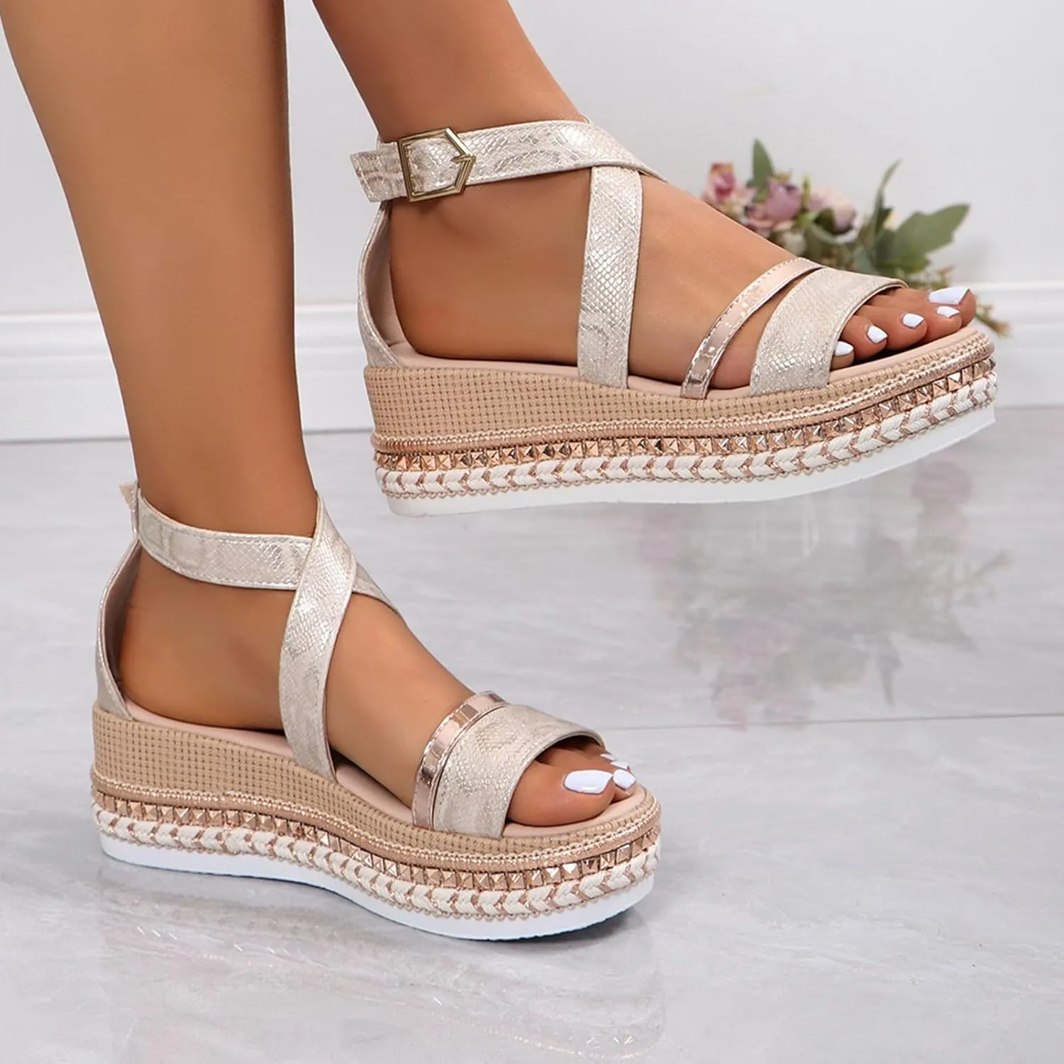 SACFOF Women's Platform Espadrilles Casual Ankle Strap Wedge Sandals Comfortable Dressy Open Toe Buckle Summer Shoes