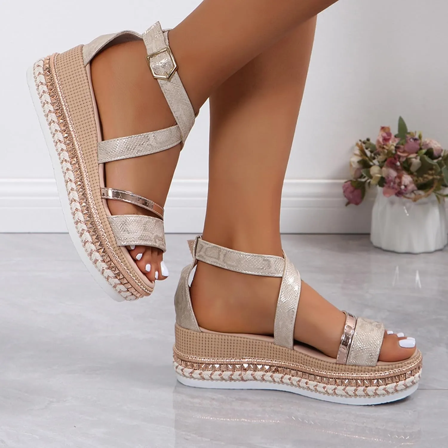 SACFOF Women's Platform Espadrilles Casual Ankle Strap Wedge Sandals Comfortable Dressy Open Toe Buckle Summer Shoes