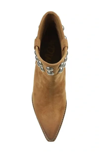 Sam Edelman Wildie Camel Suede Studs Slip On Pointed Toe Block Heel Ankle Boots