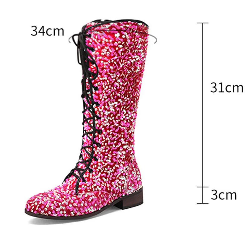 Sequins glitter lace-up boots under the knee
