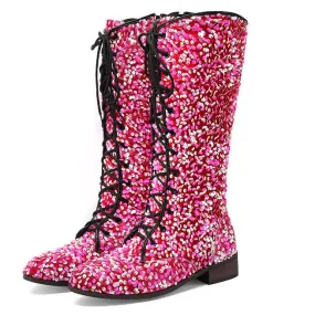 Sequins glitter lace-up boots under the knee