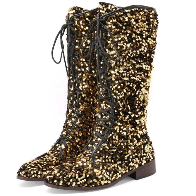 Sequins glitter lace-up boots under the knee