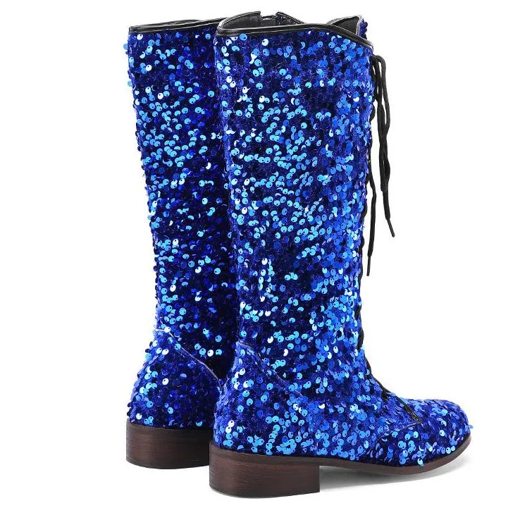 Sequins glitter lace-up boots under the knee