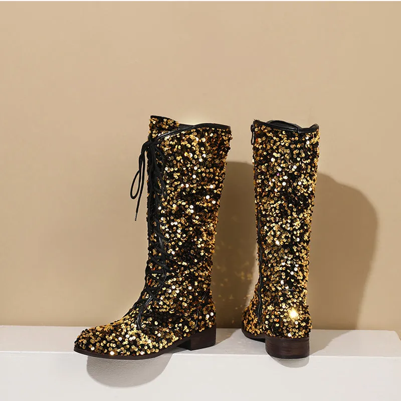 Sequins glitter lace-up boots under the knee