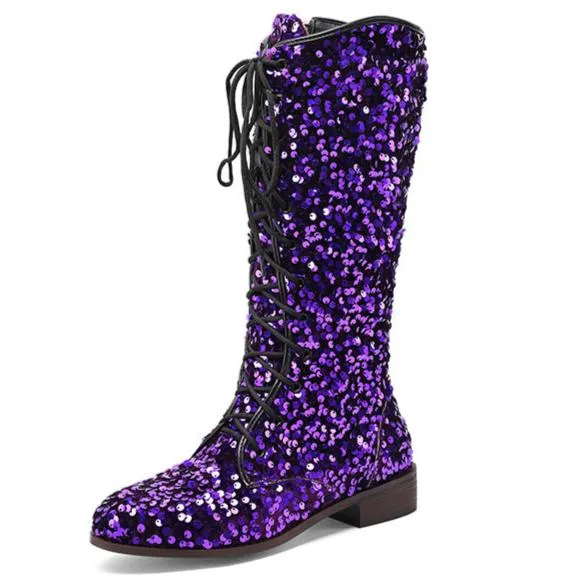 Sequins glitter lace-up boots under the knee