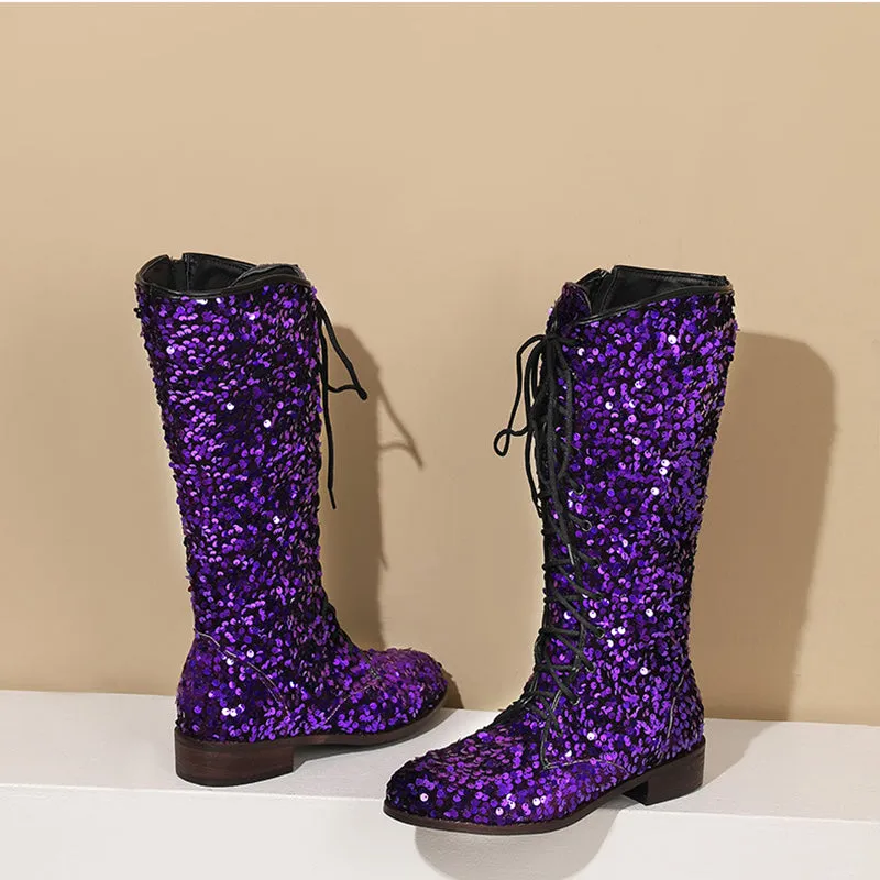Sequins glitter lace-up boots under the knee