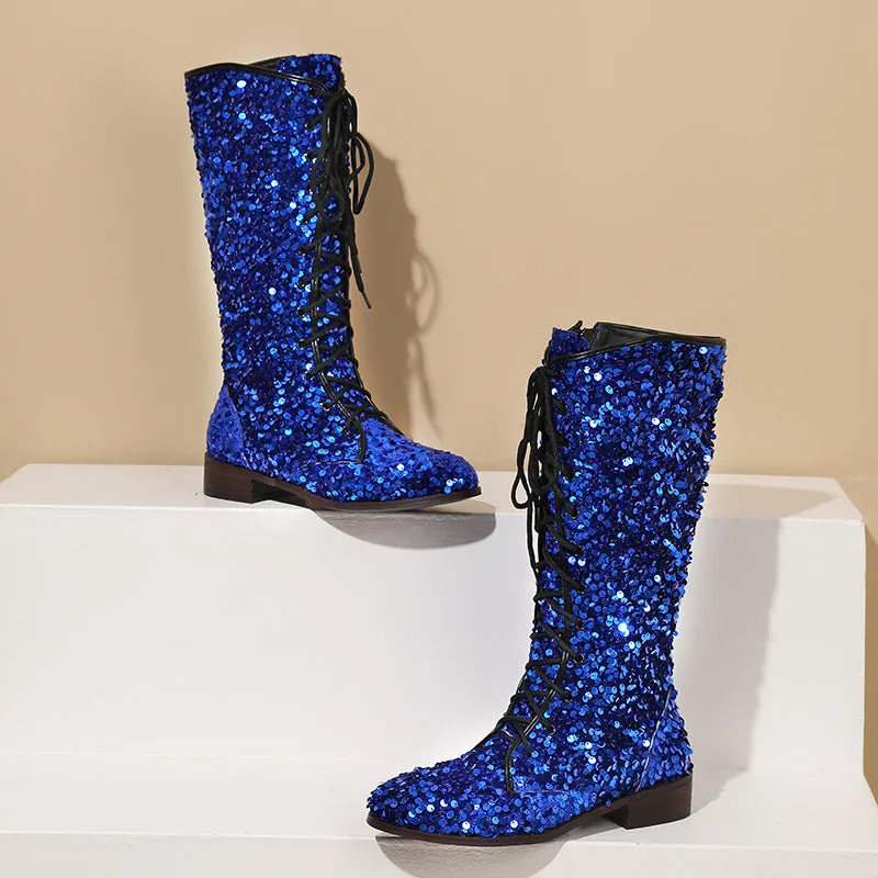 Sequins glitter lace-up boots under the knee