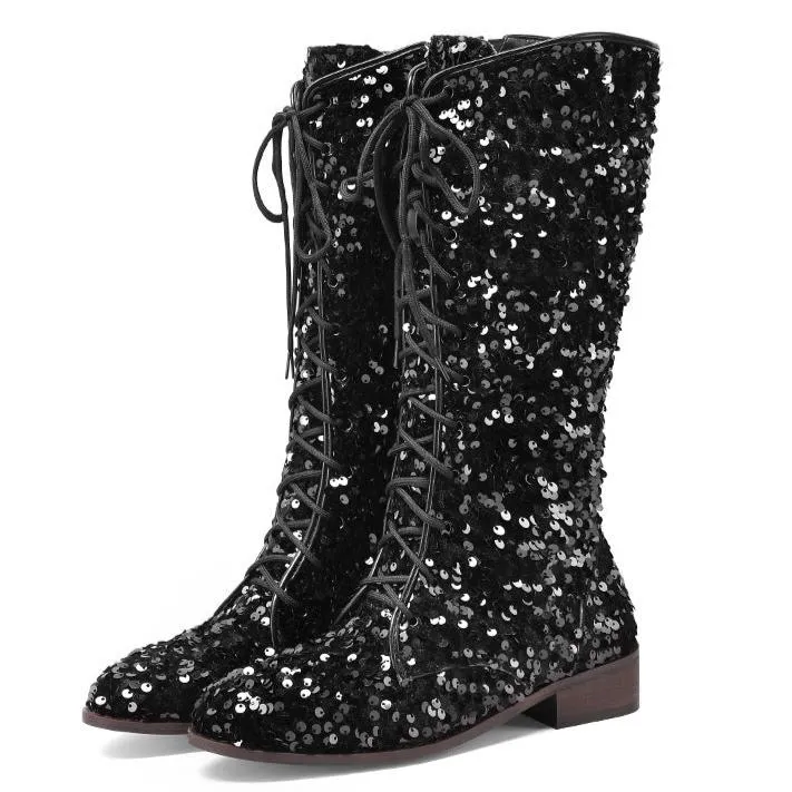 Sequins glitter lace-up boots under the knee