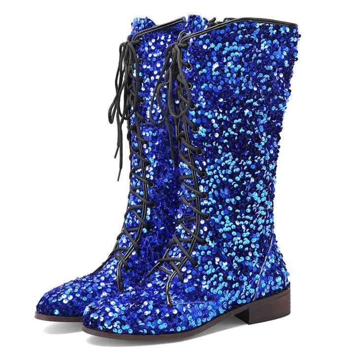 Sequins glitter lace-up boots under the knee