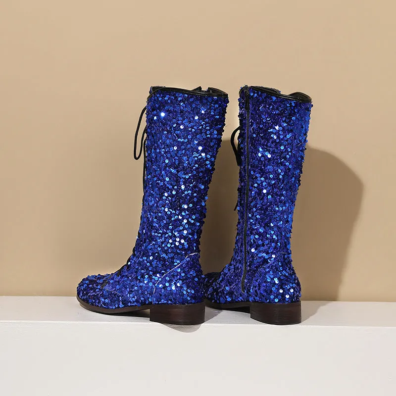 Sequins glitter lace-up boots under the knee