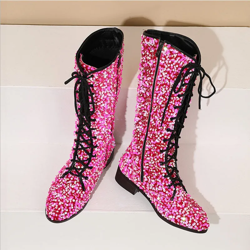 Sequins glitter lace-up boots under the knee