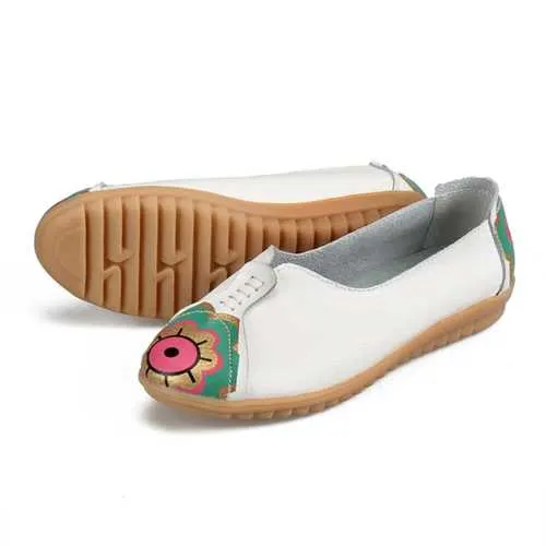 Sun Eye Flower Pattern Soft Leather Slip-ons Lazy Driving Flat Loafers