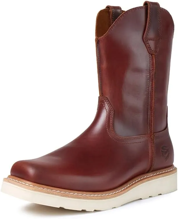 SUREWAY Western Boots - Mens Square Toe Work Boot,Pull On Leather Wellington Boots,Durable Classic Slip Resistant Soft Toe Cowboy Boot