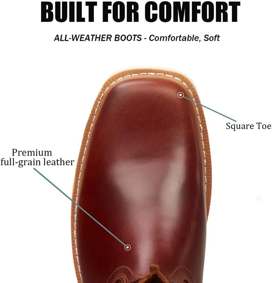 SUREWAY Western Boots - Mens Square Toe Work Boot,Pull On Leather Wellington Boots,Durable Classic Slip Resistant Soft Toe Cowboy Boot