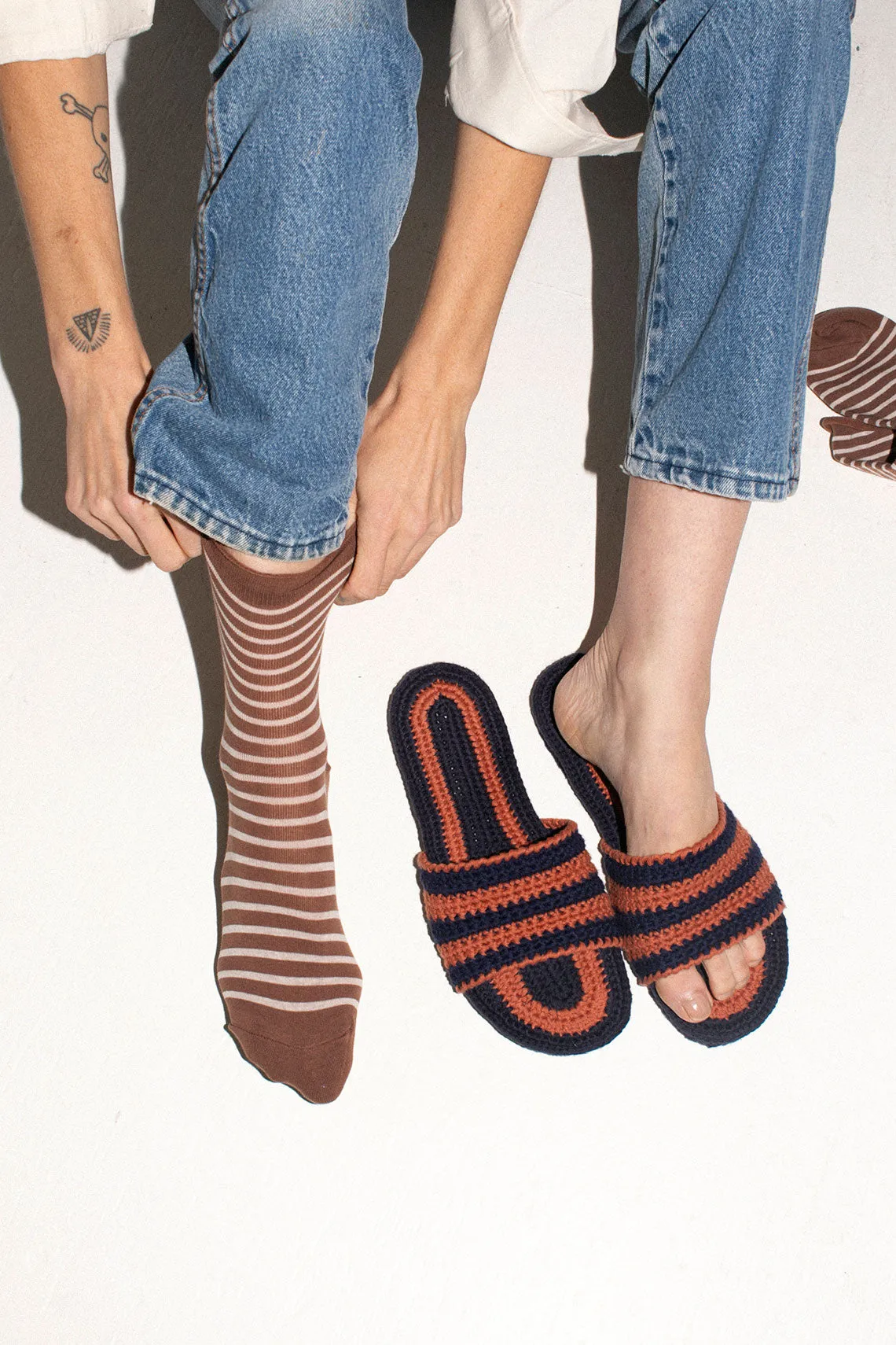 Terra & Navy Crochet Slides
