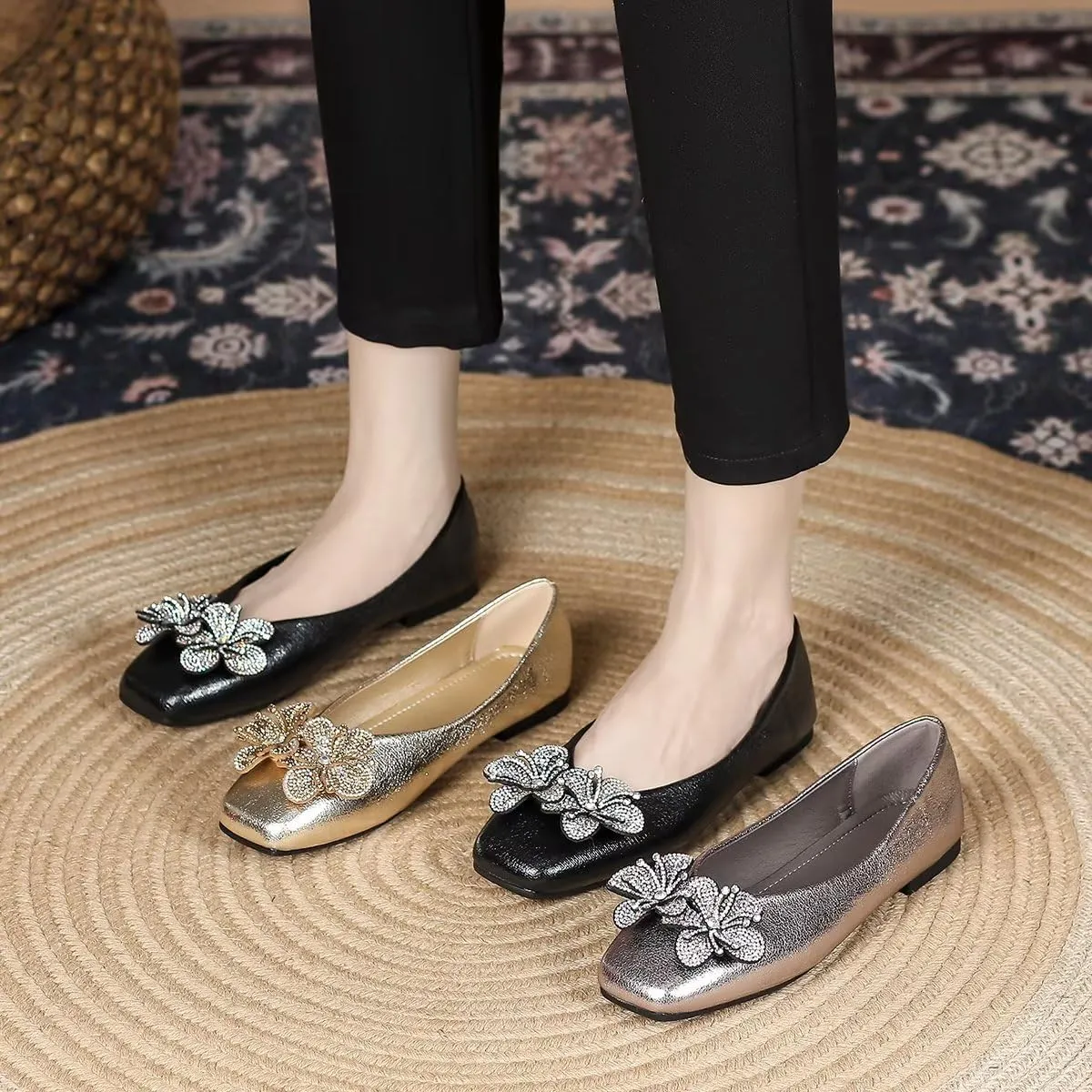 TN TANGNEST Women's Elegant Fold Soft Diamond Floral Ballets Flats Slip on Dress Flat Shoes