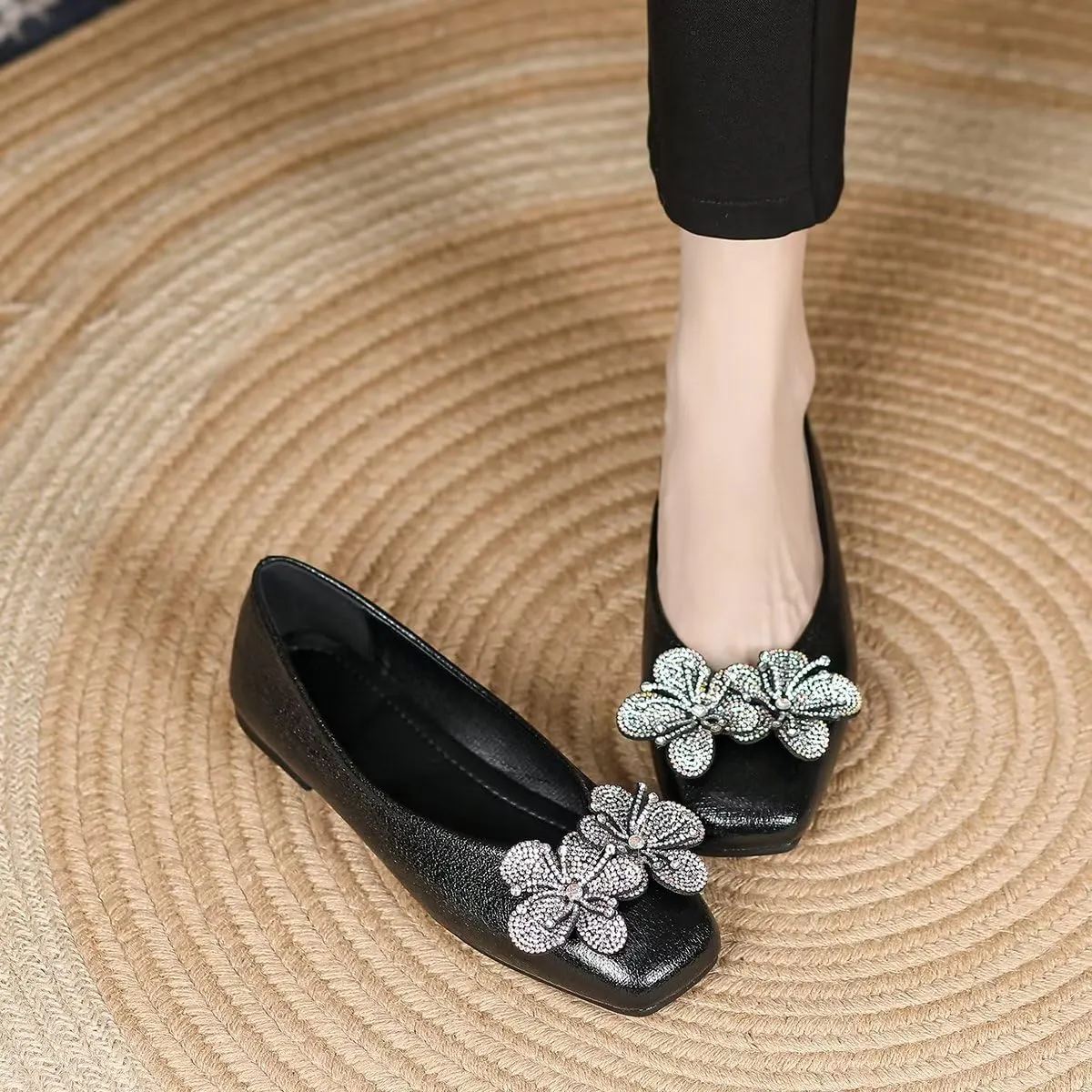 TN TANGNEST Women's Elegant Fold Soft Diamond Floral Ballets Flats Slip on Dress Flat Shoes