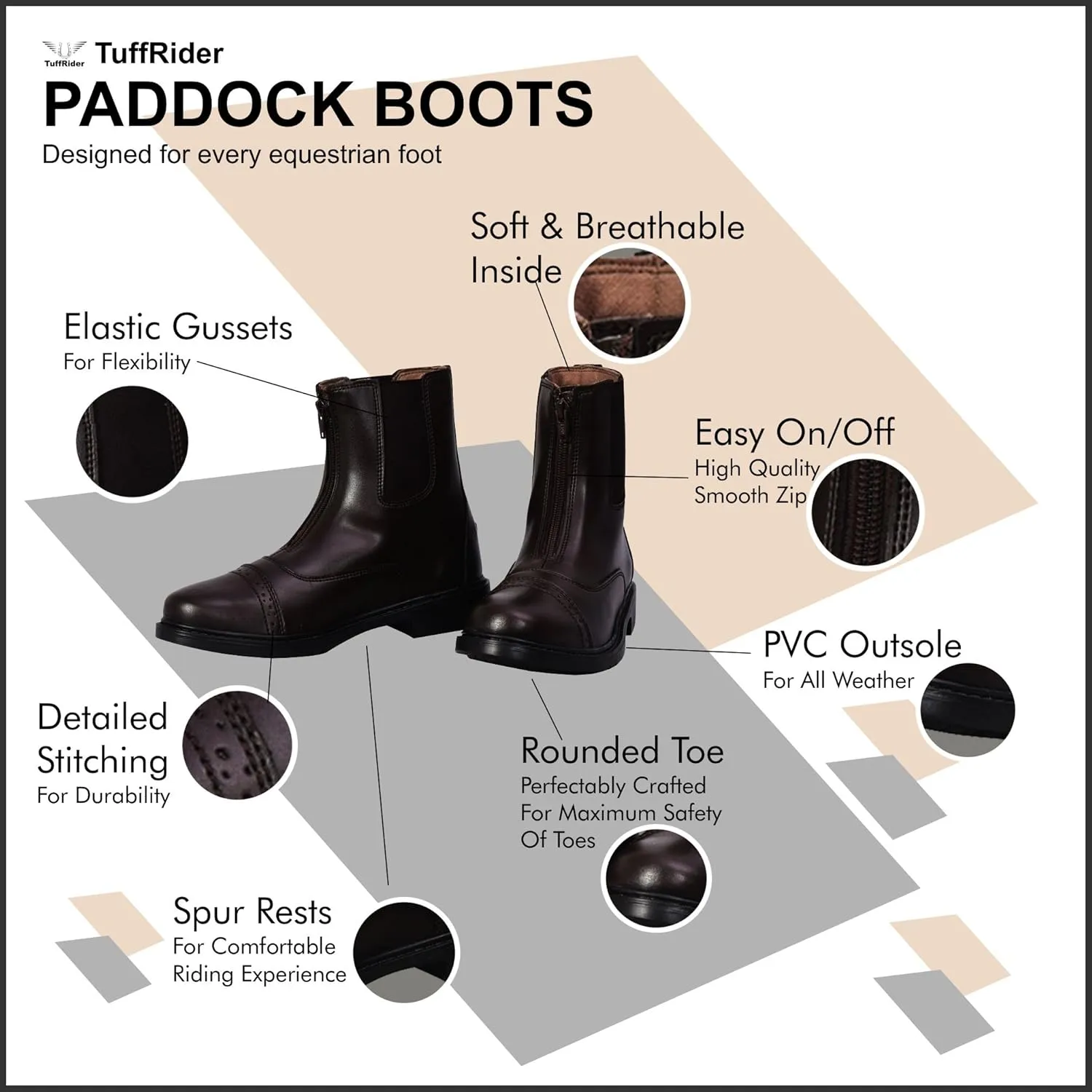 TuffRider Women's Starter Front Zip Paddock Boots with free Socks | Durable, Easy to Clean Water-Resistant Horse Riding Boots