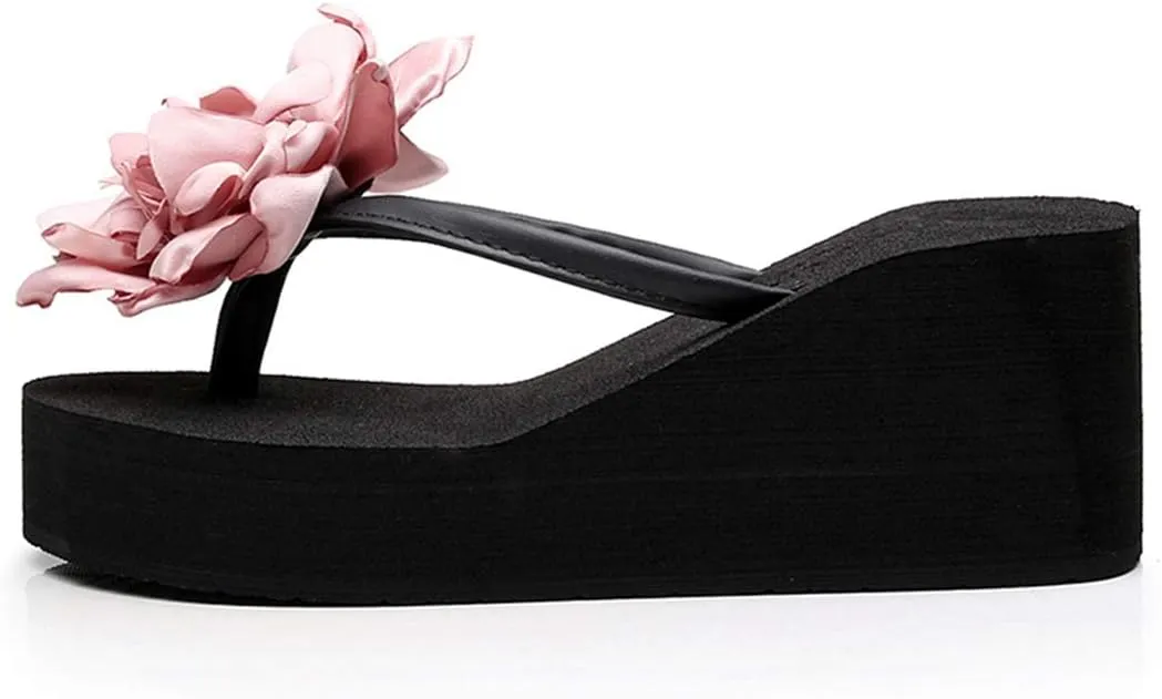 VOKLIN Women's Wedge High Heel Flower Flipflops Fashion Bohemian Summer Platform Nonslip Beach Thong Sandals