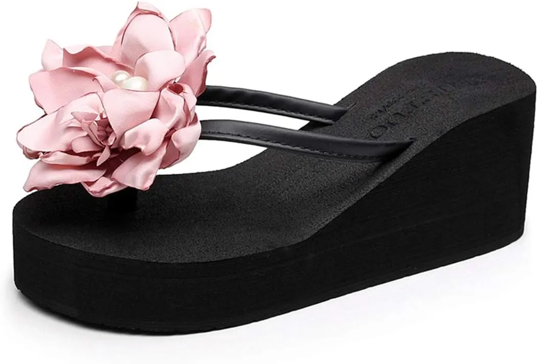 VOKLIN Women's Wedge High Heel Flower Flipflops Fashion Bohemian Summer Platform Nonslip Beach Thong Sandals