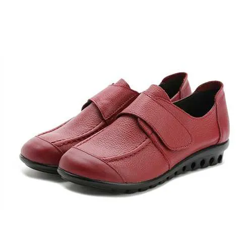Women Soft Leather Slip On Flat Shoes Magic Stick Pure Color Comfy Flat Loafers