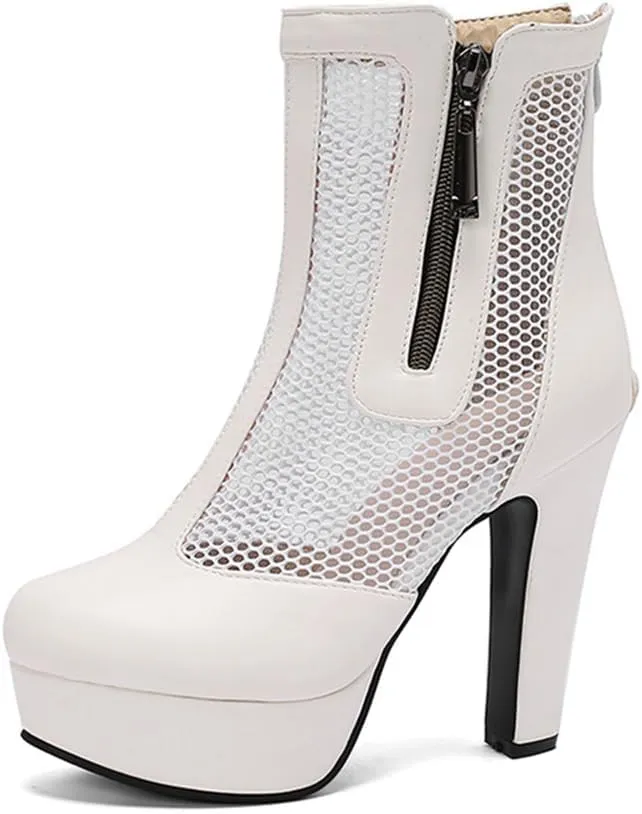 Women's Black Sexy Breathable Mesh Closed Toe Ankle Boots Back Zipper Breathable Platform High Heel Bootis Lage Size