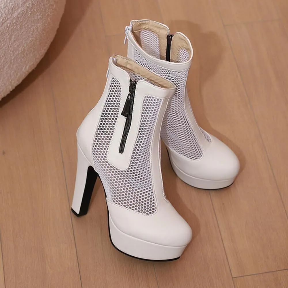 Women's Black Sexy Breathable Mesh Closed Toe Ankle Boots Back Zipper Breathable Platform High Heel Bootis Lage Size