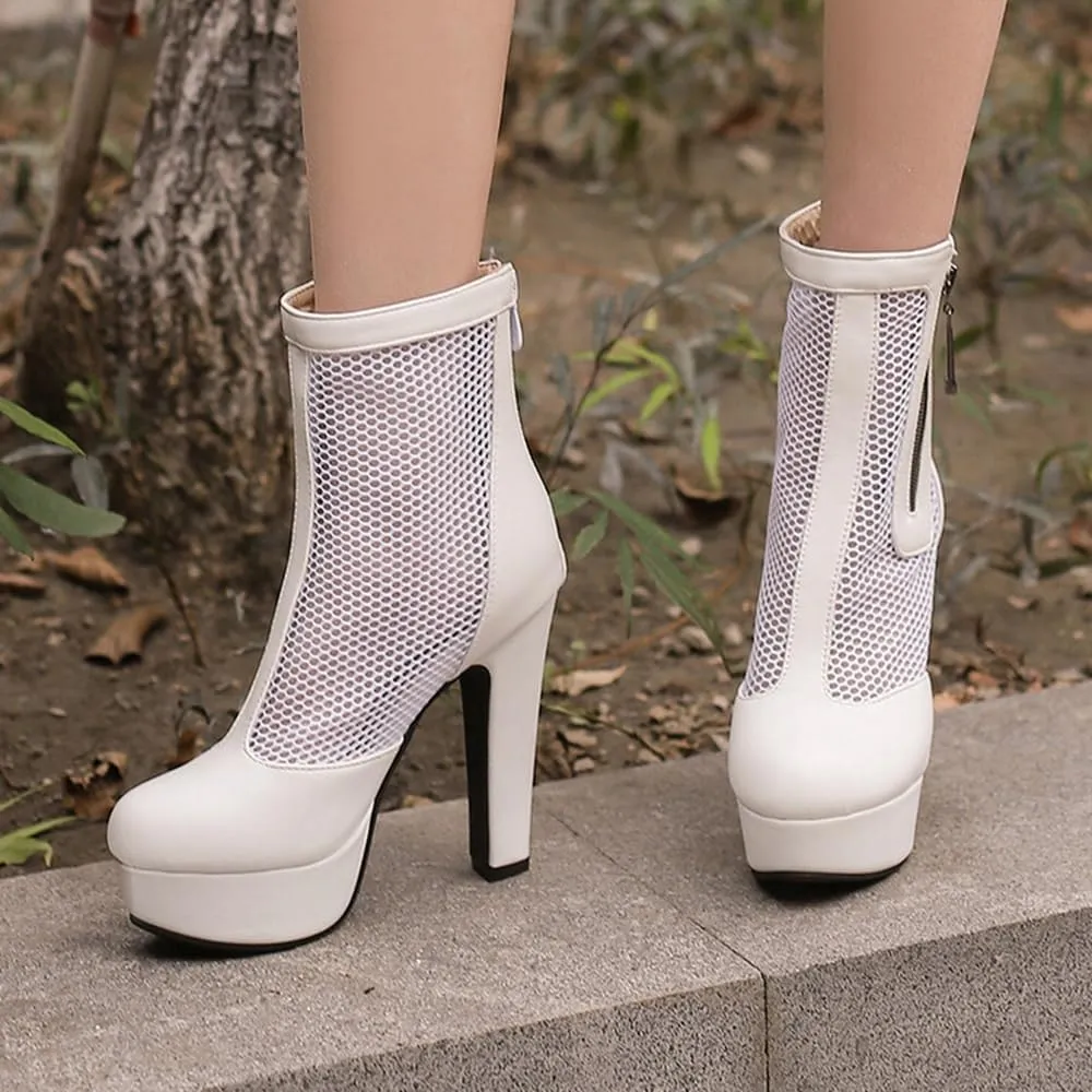 Women's Black Sexy Breathable Mesh Closed Toe Ankle Boots Back Zipper Breathable Platform High Heel Bootis Lage Size