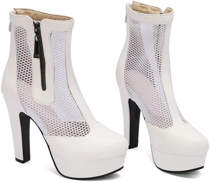 Women's Black Sexy Breathable Mesh Closed Toe Ankle Boots Back Zipper Breathable Platform High Heel Bootis Lage Size