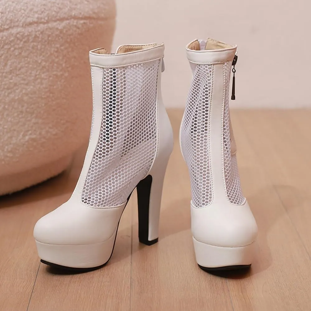 Women's Black Sexy Breathable Mesh Closed Toe Ankle Boots Back Zipper Breathable Platform High Heel Bootis Lage Size