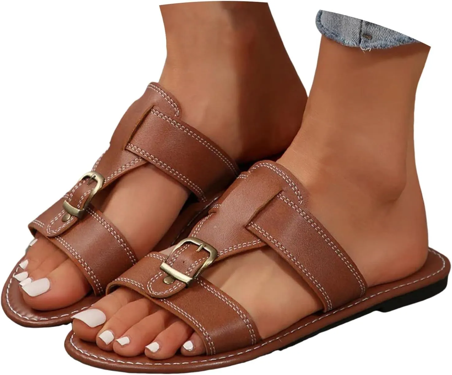 Women's Dressy Comfortable Walking Summer Flat Sandals 2025 Fashionable Open Toe Two Band Slip On Womens Slides Sandals Comfortable Beach Vacation Travel Walking Party Dress Sandals