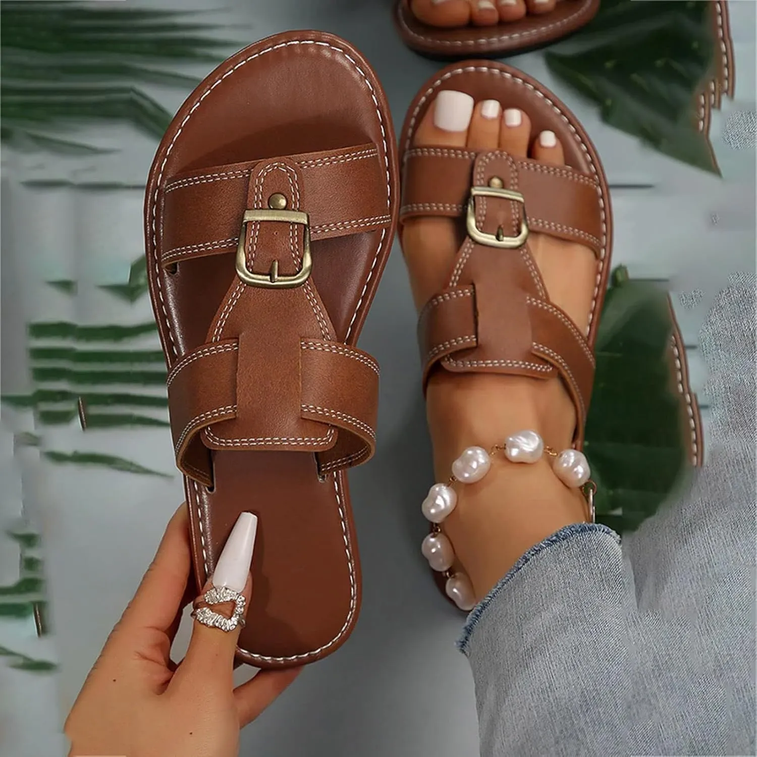 Women's Dressy Comfortable Walking Summer Flat Sandals 2025 Fashionable Open Toe Two Band Slip On Womens Slides Sandals Comfortable Beach Vacation Travel Walking Party Dress Sandals