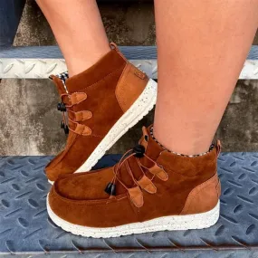 Women's faux suede elastic front lace flat booties casual comfy walking sneakers shoes