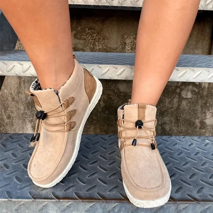 Women's faux suede elastic front lace flat booties casual comfy walking sneakers shoes