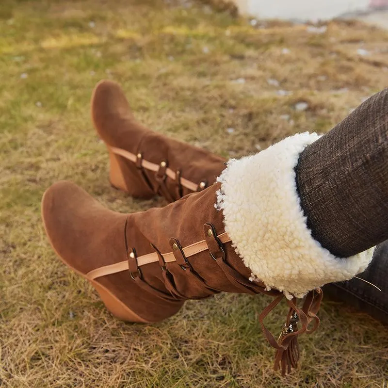 Women's plush cuff back lace-up mid calf snow boots