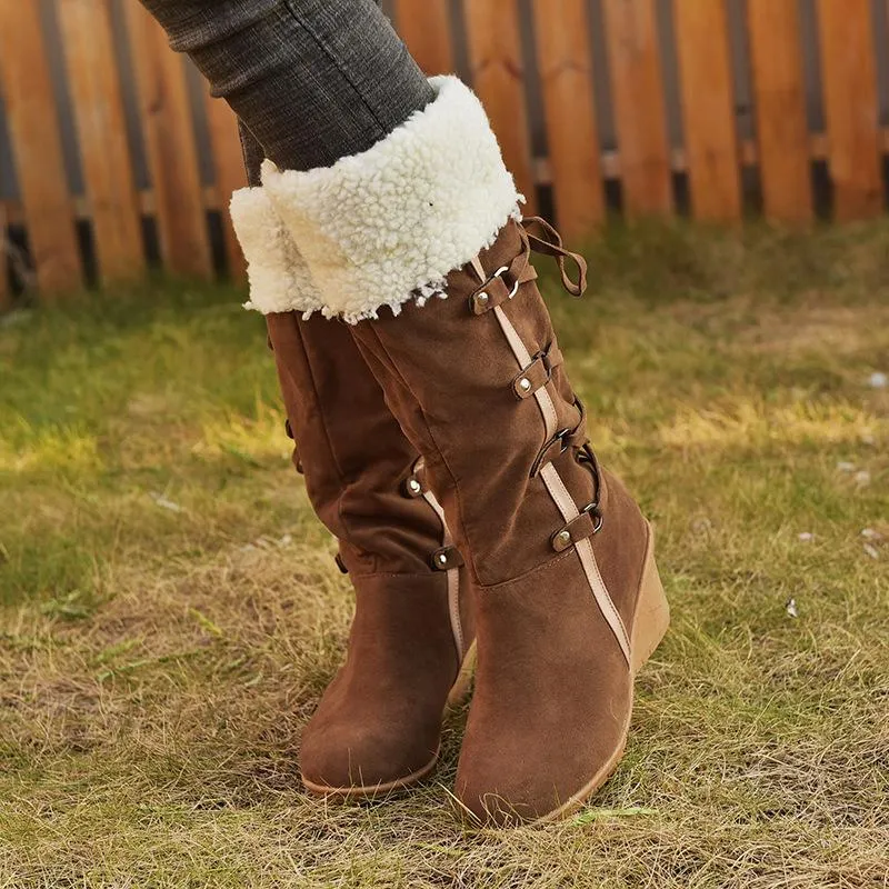 Women's plush cuff back lace-up mid calf snow boots