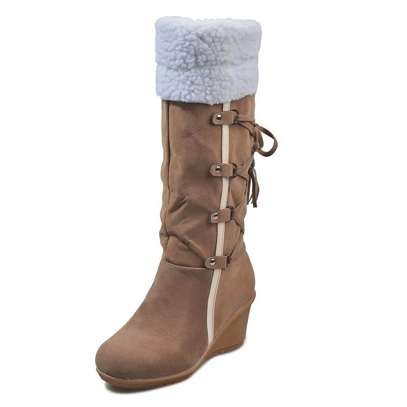 Women's plush cuff back lace-up mid calf snow boots